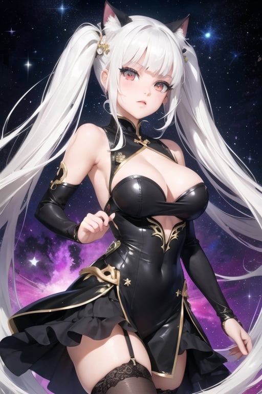 (masterpiece, top quality, best quality, official art, beautiful and aesthetic:1.2), (fractal art:1.3),, kagarino kirie, bishoujo mangekyou, happoubi jin, 1 girl, solo, 1 hand holding black handfan, twintails, white hair black cat ears, china dress, starry sky black background, red eyes, big breasts, latex thighhighs, black cat tail, 