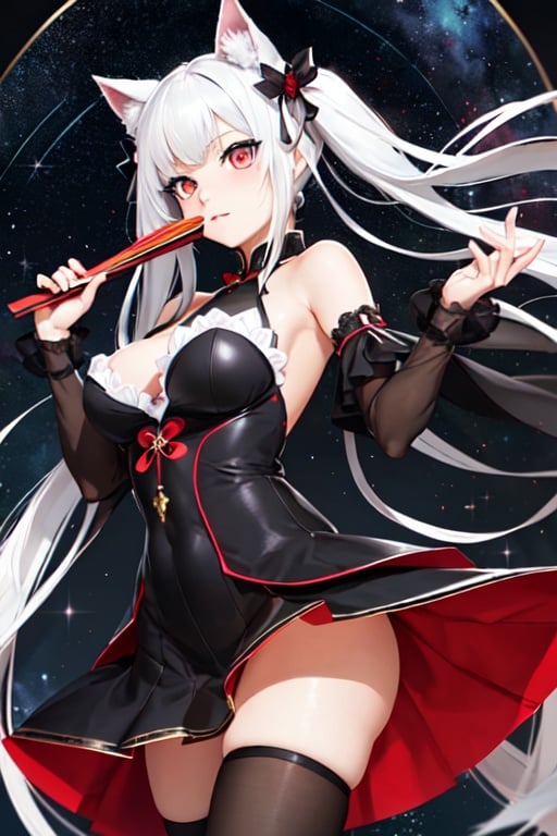 (masterpiece, top quality, best quality, official art, beautiful and aesthetic:1.2), (fractal art:1.3),, kagarino kirie, bishoujo mangekyou, happoubi jin, 1 girl, solo, 1 hand holding black handfan, twintails, white hair black cat ears, china dress, starry sky black background, red eyes, big breasts, latex thighhighs, black cat tail, 