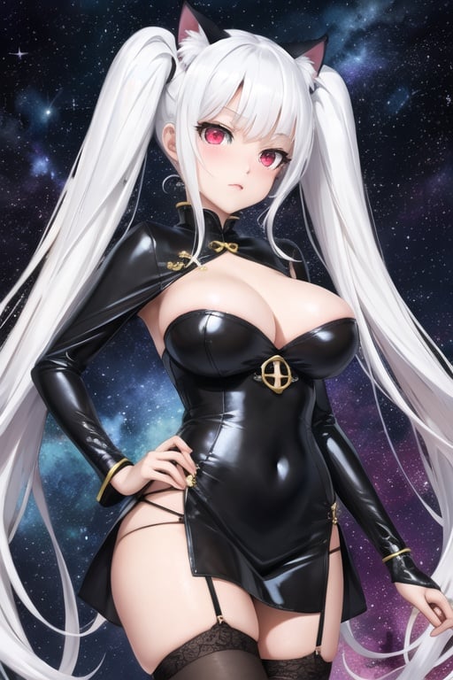 masterpiece, best quality, ultra-detailed, illustration, kagarino kirie, bishoujo mangekyou, happoubi jin, 1 girl, solo, 1 hand holding black handfan, twintails, white hair black cat ears, china dress, starry sky black background, red eyes, big breasts, latex thighhighs, black cat tail, 