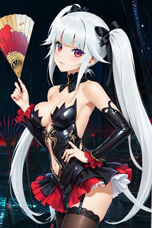 (masterpiece, top quality, best quality, official art, beautiful and aesthetic:1.2), (fractal art:1.3),, kagarino kirie, bishoujo mangekyou, happoubi jin, 1 girl, solo, 1 hand holding black handfan, twintails, white hair black cat ears, china dress, starry sky black background, red eyes, big breasts, latex thighhighs, black cat tail, ,kagarino kirie