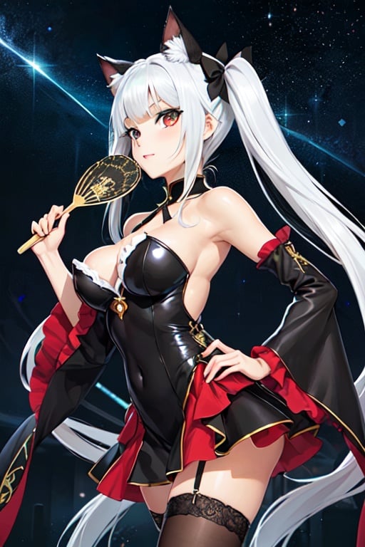 (masterpiece, top quality, best quality, official art, beautiful and aesthetic:1.2), (fractal art:1.3),, kagarino kirie, bishoujo mangekyou, happoubi jin, 1 girl, solo, 1 hand holding black handfan, twintails, white hair black cat ears, china dress, starry sky black background, red eyes, big breasts, latex thighhighs, black cat tail, ,kagarino kirie