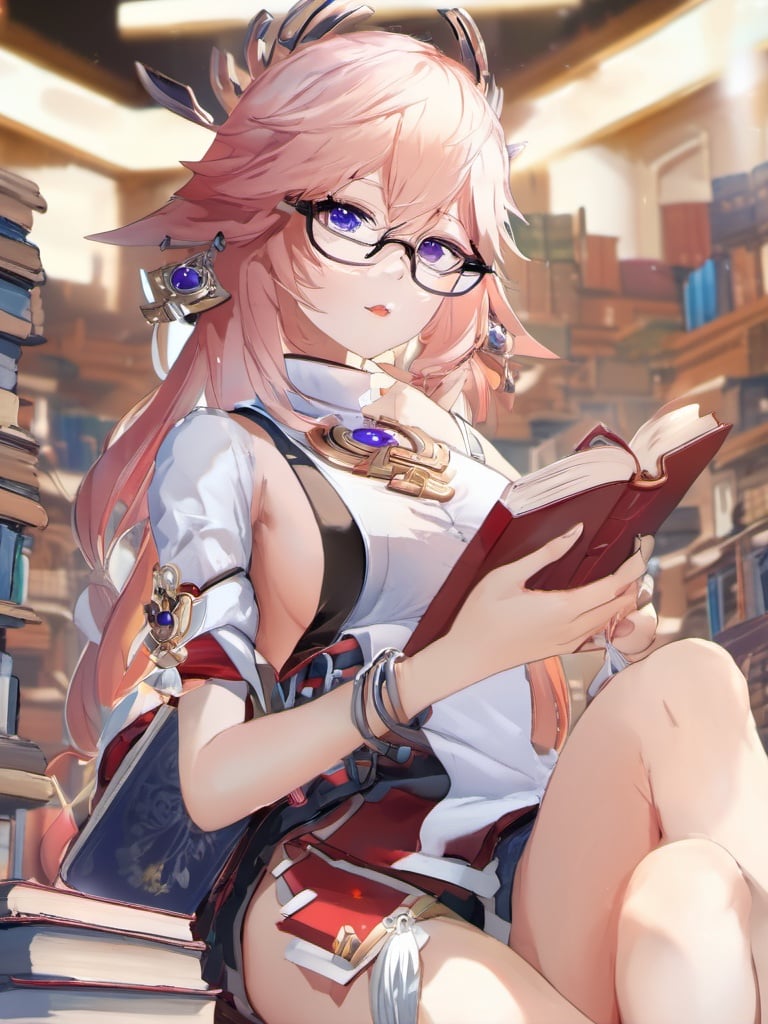 8k, high resolution, hdr, intricate details, yae miko, hair ornament, white shirt, short shorts, black shorts, mall, shopping, store, casual, concerned, holding, holding book, book, glasses, wearing glasses, beautifully detailed eyes