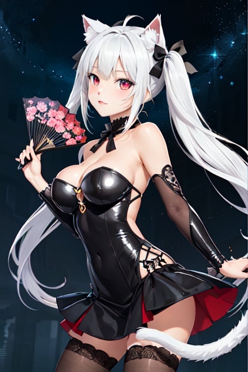 (masterpiece, top quality, best quality, official art, beautiful and aesthetic:1.2), (fractal art:1.3),, kagarino kirie, bishoujo mangekyou, happoubi jin, 1 girl, solo, 1 hand holding black handfan, twintails, white hair black cat ears, flower-pattern_see-through_black_dress, starry sky black background, red eyes, big breasts, latex thighhighs, black cat tail, ,kagarino kirie,flower-pattern_see-through_black_dress