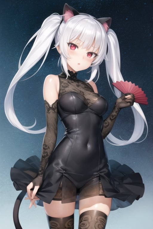 masterpiece, best quality, ultra-detailed, illustration, kagarino kirie, bishoujo mangekyou, happoubi jin, 1 girl, solo, 1 hand holding black handfan, twintails, white hair black cat ears, starry sky black background, red eyes, big breasts, latex thighhighs, black cat tail, flower-pattern_see-through_black_dress