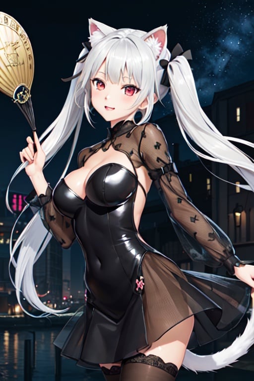 (masterpiece, top quality, best quality, official art, beautiful and aesthetic:1.2), (fractal art:1.3),, kagarino kirie, bishoujo mangekyou, happoubi jin, 1 girl, solo, 1 hand holding black handfan, twintails, white hair black cat ears, flower-pattern_see-through_black_dress, starry sky black background, red eyes, big breasts, latex thighhighs, black cat tail, ,kagarino kirie,flower-pattern_see-through_black_dress