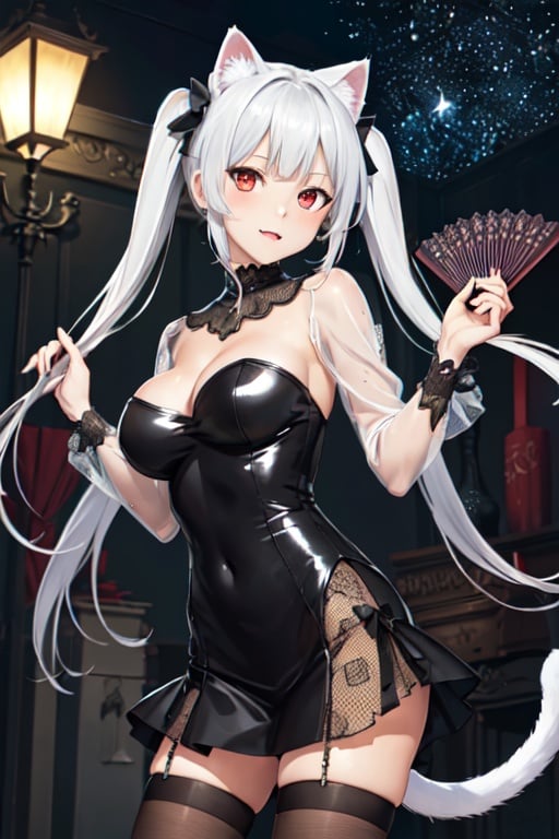 (masterpiece, top quality, best quality, official art, beautiful and aesthetic:1.2), (fractal art:1.3),, kagarino kirie, bishoujo mangekyou, happoubi jin, 1 girl, solo, 1 hand holding black handfan, twintails, white hair black cat ears, flower-pattern_see-through_black_dress, starry sky black background, red eyes, big breasts, latex thighhighs, black cat tail, ,kagarino kirie,flower-pattern_see-through_black_dress