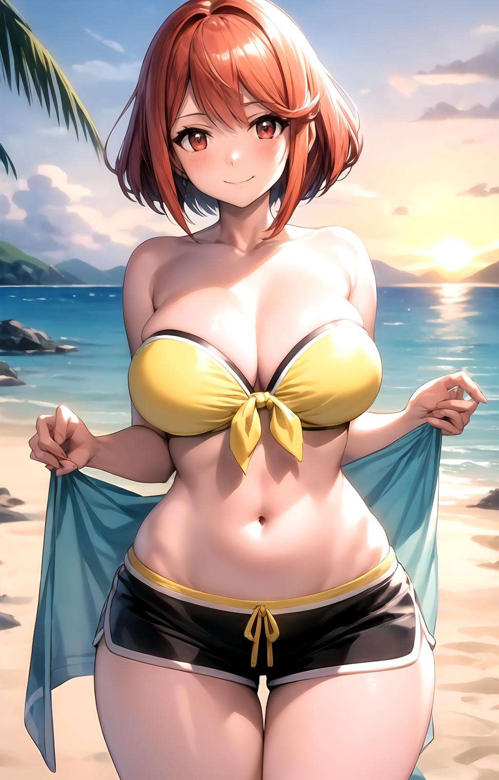 masterpiece, best quality, best aesthetic, anime, ultra detailed,pyra \(xenoblade\), pyra \(pro swimmer\) \(xenoblade\), 1girl, solo, siestaovabikini, (yellow bikini top, strapless bikini:1.2), cleavage, front-tie bikini top, (black shorts, short shorts:1.2), (large breasts, wide hips:1.3), (short hair, redhair:1.5), red eyes, (smile, closed mouth:1.2), cowboy shot, looking at viewer, outdoors, beach, sunset, <lora:siestaovabikini-09:0.7:OUTALL>, <lora:more_details:0.4>