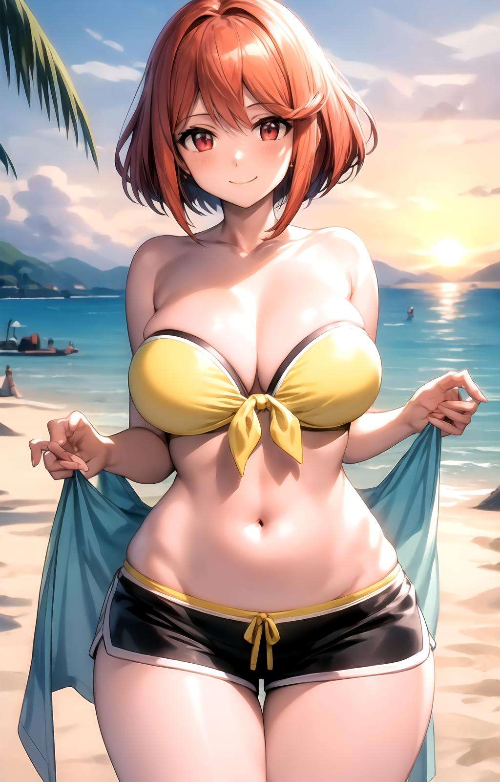 masterpiece, best quality, best aesthetic, anime, ultra detailed,pyra \(xenoblade\), pyra \(pro swimmer\) \(xenoblade\), 1girl, solo, siestaovabikini, (yellow bikini top, strapless bikini:1.2), cleavage, front-tie bikini top, (black shorts, short shorts:1.2), (large breasts, wide hips:1.3), (short hair, redhair:1.5), red eyes, (smile, closed mouth:1.2), cowboy shot, looking at viewer, outdoors, beach, sunset, <lora:siestaovabikini-09:0.8:OUTALL>, <lora:more_details:0.4>