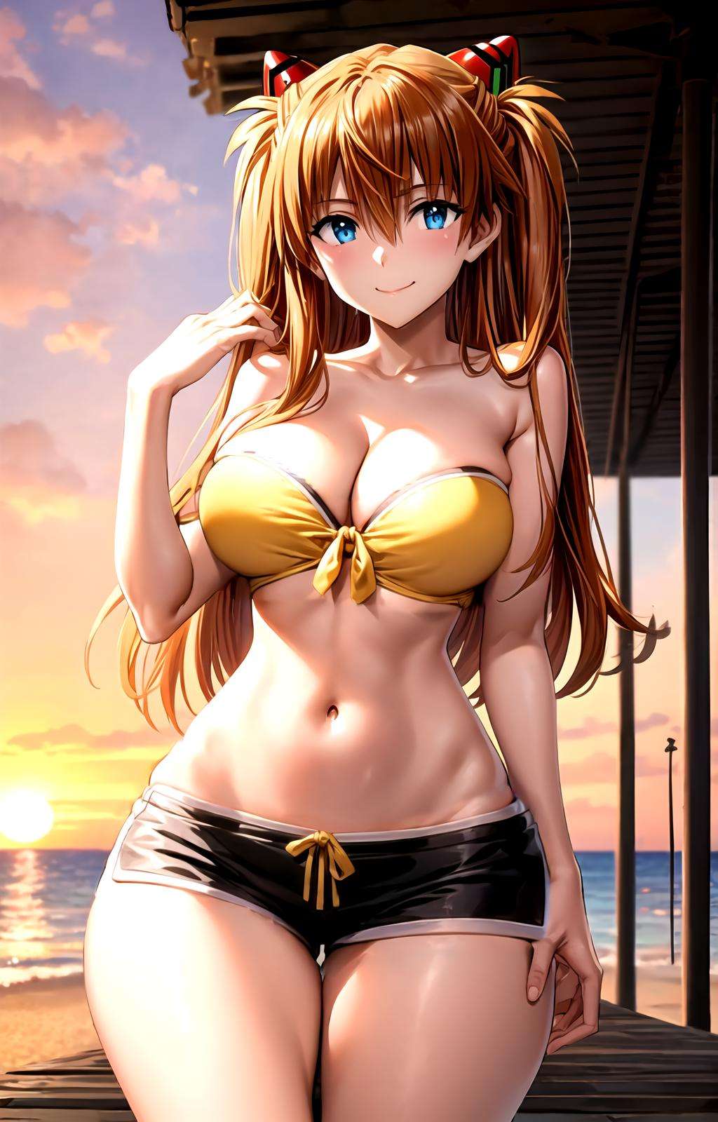 masterpiece, best quality, best aesthetic, anime, ultra detailed,souryuu asuka langley, 1girl, solo, siestaovabikini, (yellow bikini, strapless bikini:1.2), cleavage, front-tie bikini top, (black shorts, short shorts:1.2), (large breasts, wide hips:1.3), (long hair, orange hair:1.2), blue eyes, (smile, closed mouth:1.2), cowboy shot, looking at viewer, outdoors, beach, sunset, <lora:siestaovabikini-09:0.7:OUTALL>, <lora:more_details:0.5>