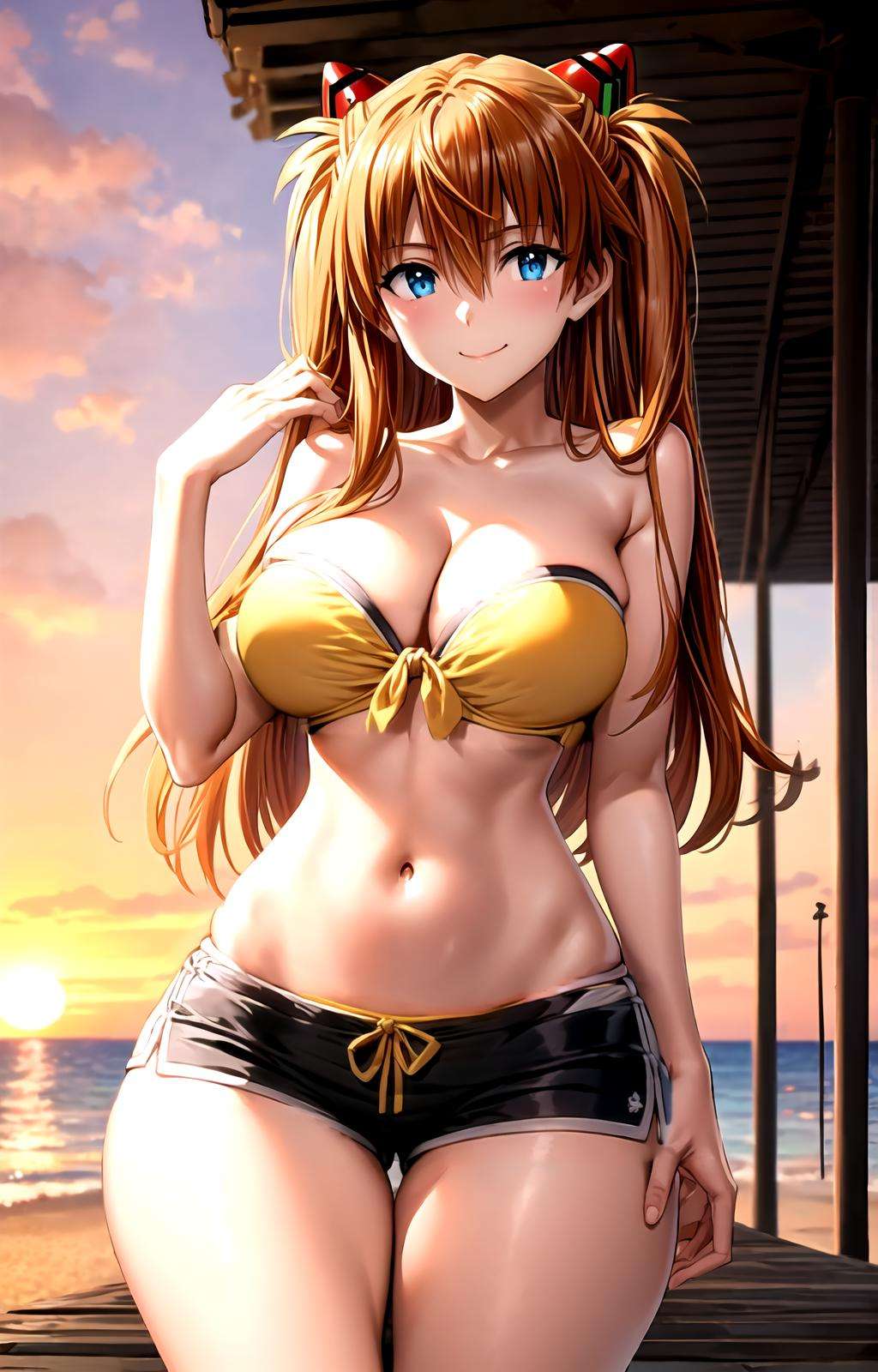 masterpiece, best quality, best aesthetic, anime, ultra detailed,souryuu asuka langley, 1girl, solo, siestaovabikini, (yellow bikini, strapless bikini:1.2), cleavage, front-tie bikini top, (black shorts, short shorts:1.2), (large breasts, wide hips:1.3), (long hair, orange hair:1.2), blue eyes, (smile, closed mouth:1.2), cowboy shot, looking at viewer, outdoors, beach, sunset, <lora:siestaovabikini-09:0.9:OUTALL>, <lora:more_details:0.4>