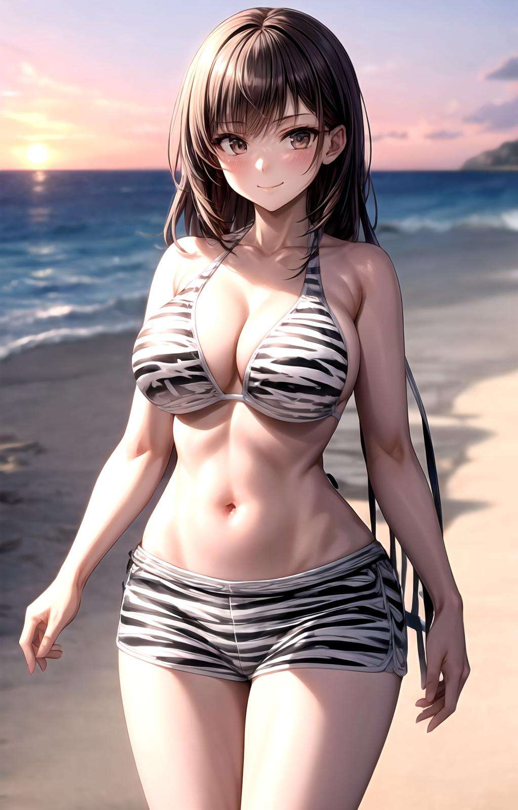 masterpiece, best quality, best aesthetic, anime, ultra detailed,kasumi \(doa\), 1girl, solo, doax_nixie, (white bikini, striped bikini:1.2), cleavage, halterneck, (white shorts, striped shorts, animal print:1.2), (large breasts, wide hips:1.3), (long hair, brown hair:1.2), brown eyes, (smile, closed mouth:1.2), (cowboy shot, front view:1.2), looking at viewer, outdoors, beach, sunset, <lora:DOAX_Nixie_Swimsuit-09:te=1:unet=1:lbw=OUTS>,  <lora:more_details:0.5> :1.0