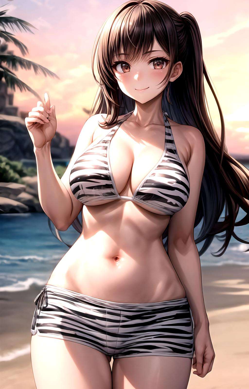 masterpiece, best quality, best aesthetic, anime, ultra detailed,kasumi \(doa\), 1girl, solo, doax_nixie, (white bikini, striped bikini:1.2), cleavage, halterneck, (white shorts, striped shorts, animal print:1.2), (large breasts, wide hips:1.3), (long hair, brown hair:1.2), brown eyes, (smile, closed mouth:1.2), (cowboy shot, front view:1.2), looking at viewer, outdoors, beach, sunset, <lora:DOAX_Nixie_Swimsuit-09:te=0.5:unet=1:lbw=OUTS>,  <lora:more_details:0.5> :1.0