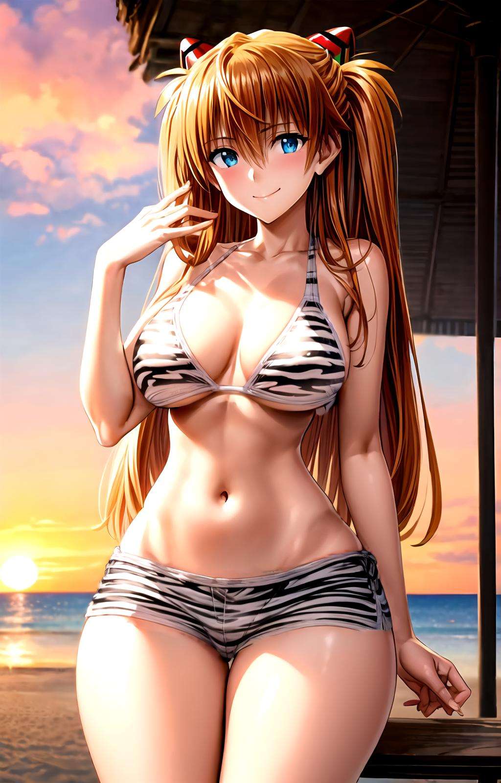 masterpiece, best quality, best aesthetic, anime, ultra detailed,souryuu asuka langley, asuka_yamayoshi, 1girl, solo, doax_nixie, (white bikini, striped bikini, animal print:1.2), cleavage, halterneck, (white shorts, short shorts, striped shorts:1.2), (large breasts, wide hips:1.3), (long hair, orange hair:1.2), blue eyes, (smile, closed mouth:1.2), cowboy shot, looking at viewer, outdoors, beach, sunset, <lora:DOAX_Nixie_Swimsuit-09:te=1:unet=1:lbw=OUTS>, <lora:more_details:0.4> :1.0