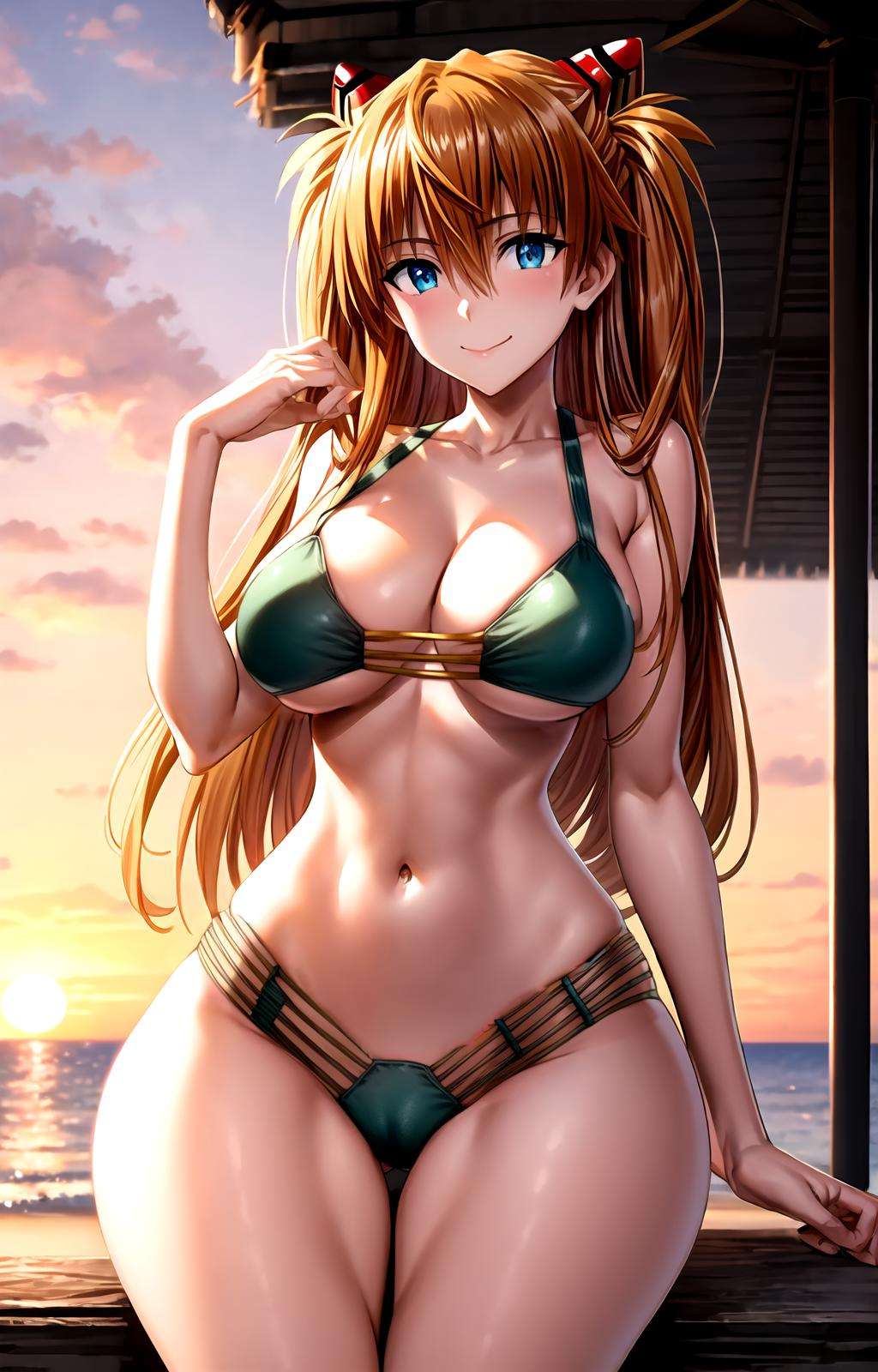 masterpiece, best quality, best aesthetic, anime, ultra detailed,souryuu asuka langley, asuka_yamayoshi, 1girl, solo, xenovia_bikini, (green bikini, multi-strapped bikini:1.2), cleavage, halterneck, (large breasts, wide hips:1.3), (long hair, orange hair:1.2), blue eyes, (smile, closed mouth:1.2), cowboy shot, looking at viewer, outdoors, beach, sunset, <lora:xenovia_bikini-10:te=1:unet=0.8:lbw=OUTALL>, <lora:more_details:0.5> :1.0