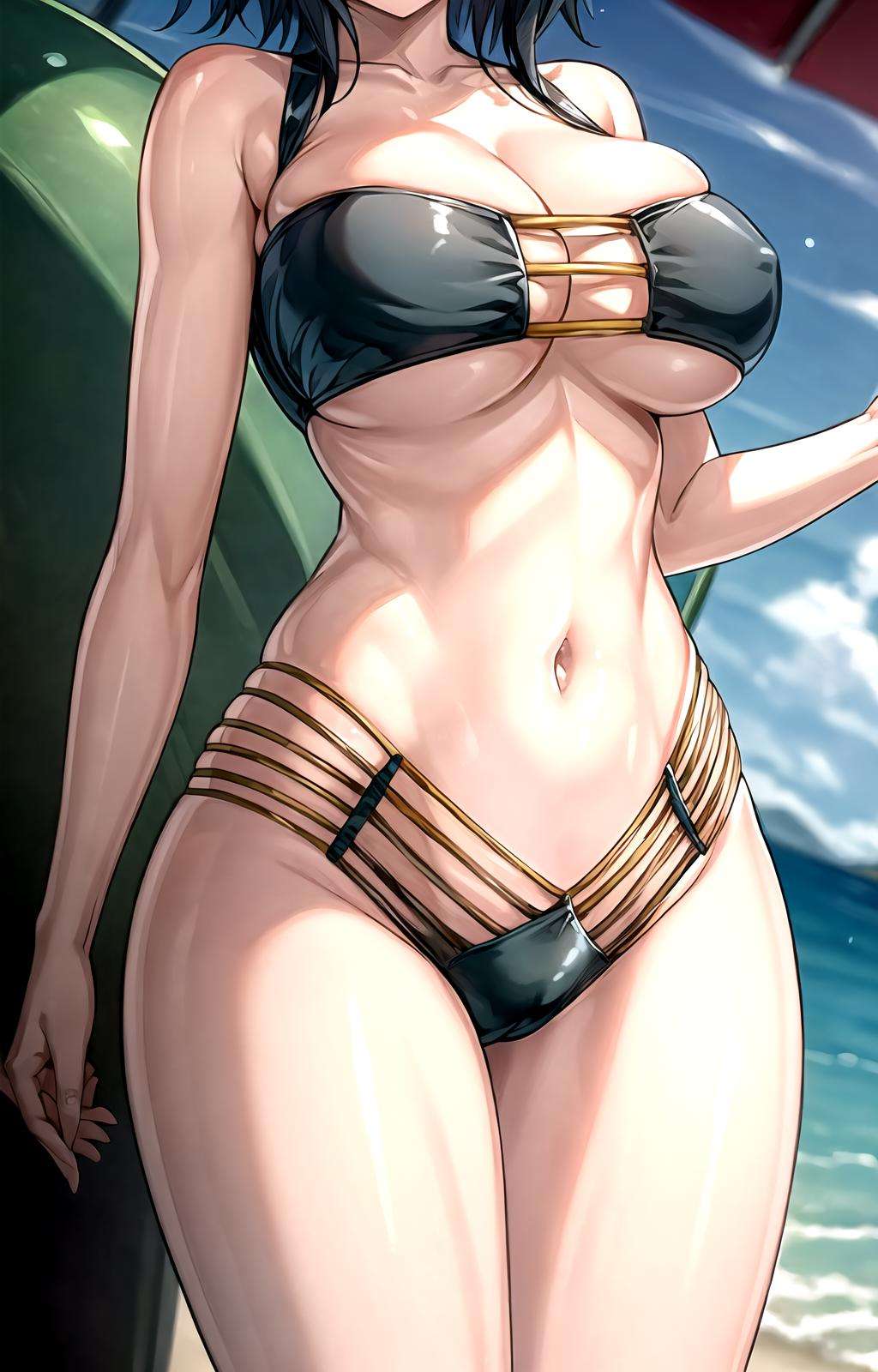 masterpiece, best quality, best aesthetic, anime, ultra detailed, senran kagura, baltimore \(azur lane\), 1girl, solo, xenovia_bikini, (green bikini, multi-strapped bikini:1.2), cleavage, halterneck, (large breasts, wide hips:1.3), (short hair, black hair:1.2), relaxed eyes, (smile, closed mouth:1.2), cowboy shot, looking at viewer, outdoors, beach, sunset, <lora:more_details:0.5>, <lora:xenovia_bikini-10:te=1:unet=0.8:lbw=OUTALL> :1.0