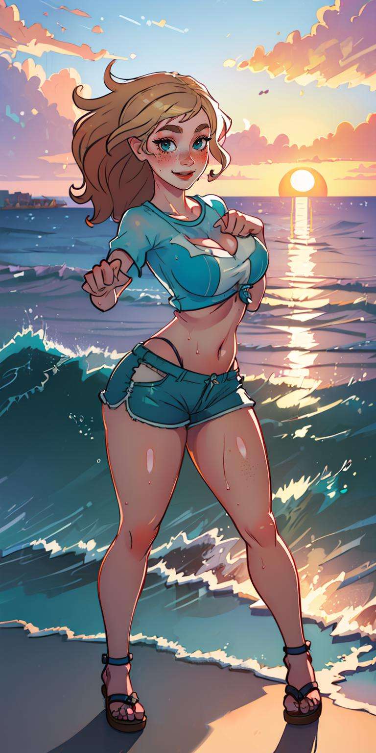 (photorealistic:1.4), (masterpiece:1.3), 1girl, upper body, ocean, thick eyebrows, crop top, see-through, shorts, wet, wind, waves, sunset, freckles, blush, long hair, blonde, smile, twisted torso, large breasts, wide hips, looking at viewer, paw pose, sandals