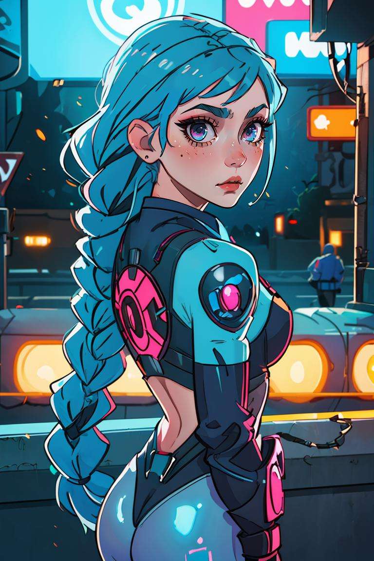 (best quality, masterpiece1.2), (detailed eye:1.2), intricate detail, depth of field, 1girl, superhero, bodysuit, blue hair, long braid, ruined city, cyberpunk, neon, backlight