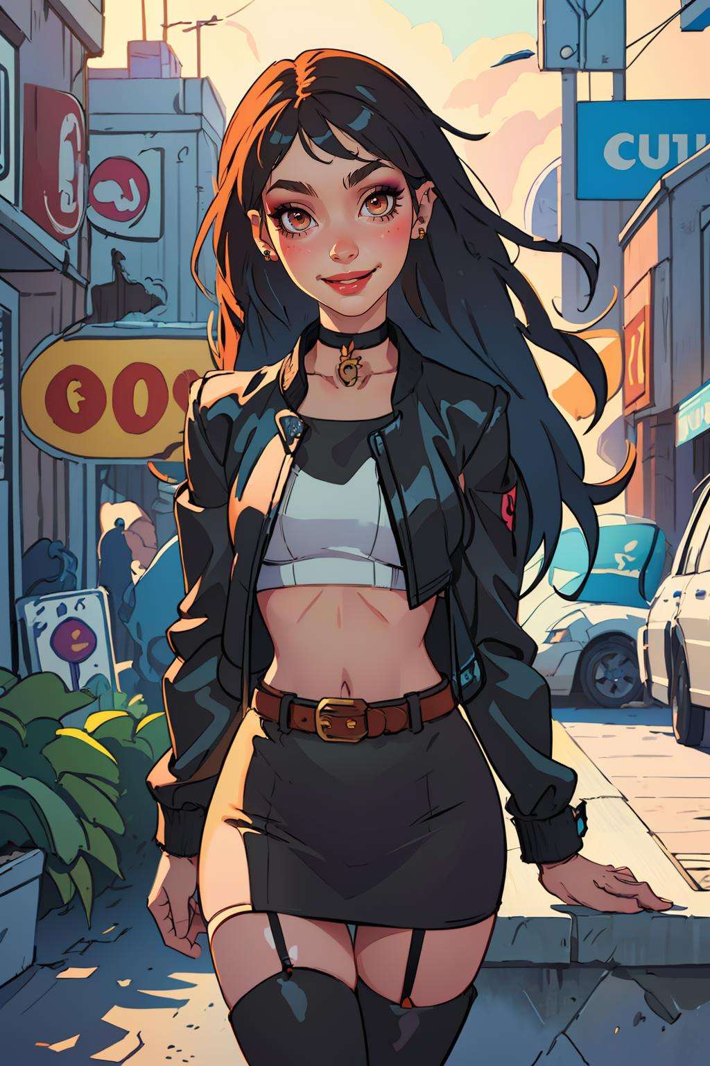 (best quality, masterpiece:1.3), 1girl,  long hair, crop top, pencil skirt, standing, (makeup), smile, (muscular:0.4), (piercing), kneehighs, thigh boots, leather jacket, looking at viewer, choker, head tilt, garter straps, upper body, city