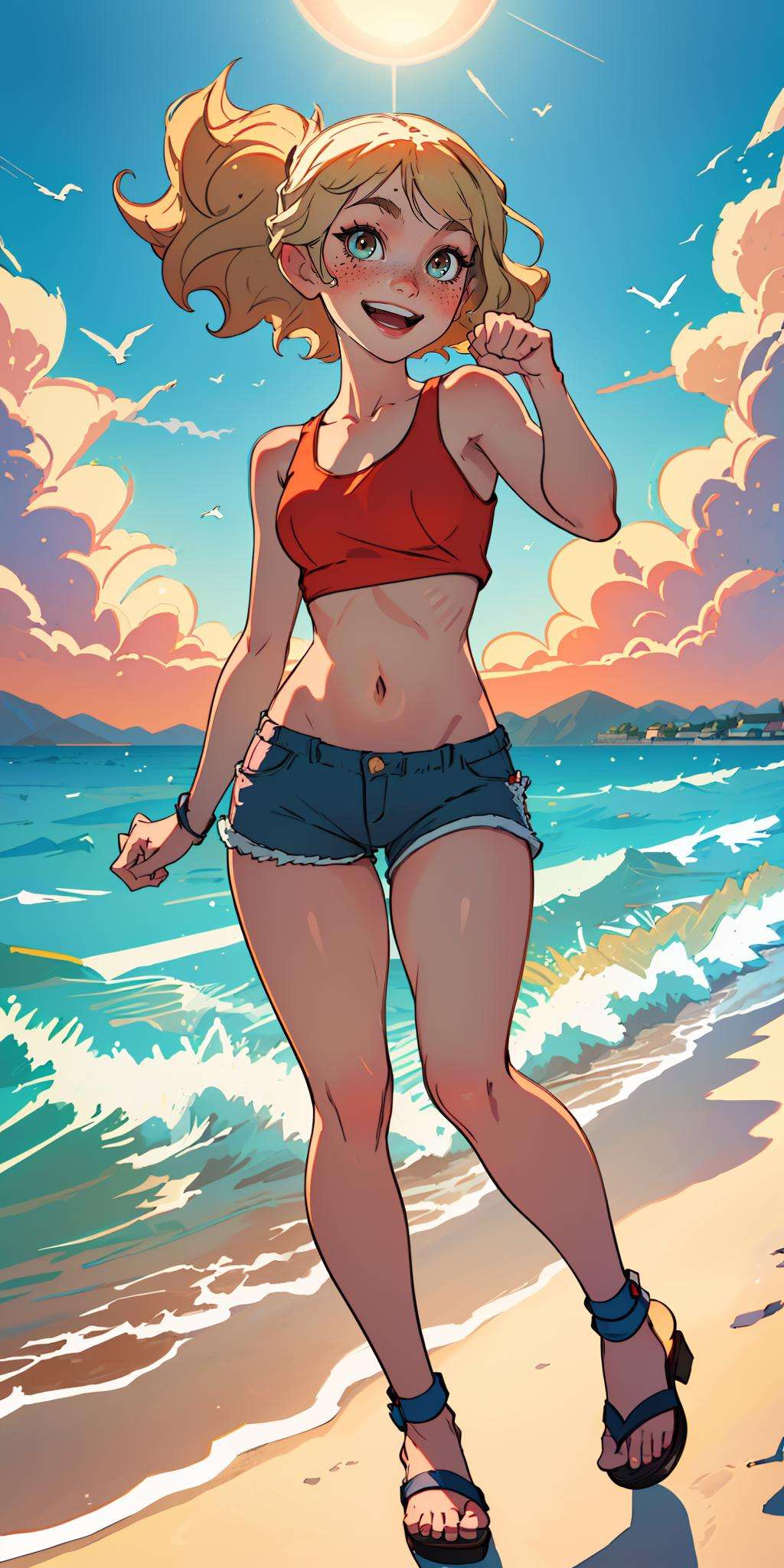 (best quality, masterpiece:1.3), 1girl, pose, particle, wind, upper body, looking at viewer, focus on face, blonde, laughing, happy, smile, paw pose, crop top, shorts, ocean, waves, sun , mountain, cloud, seagull, blush, freckles, long hair, wavy hair, sandals