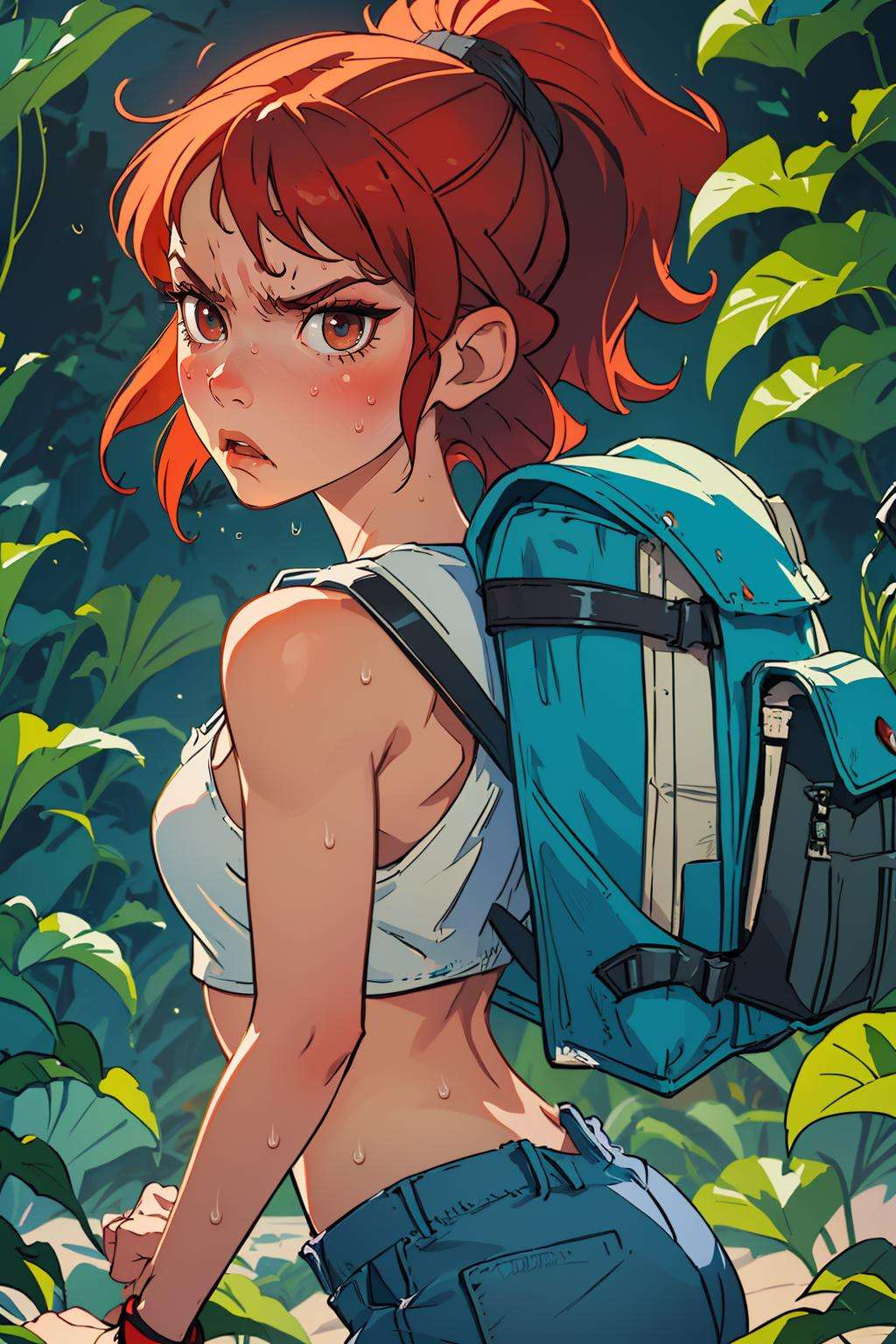 (best quality, masterpiece:1.3), 1girl, jungle, crop top, angry, sweat, red hair, exploration, embarrassed, backpack,