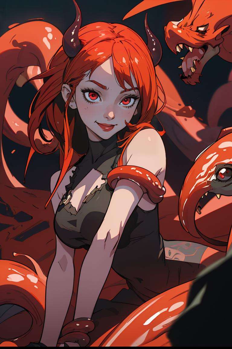 (best quality, masterpiece), demon girl, monsters, tentacles, hell, seductive smile