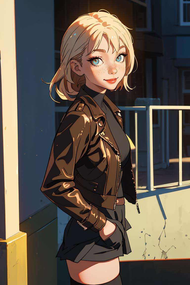 (best quality, masterpiece), 1girl, leather jacket, thighhighs, makeup, hand in pocket, looking at viewer, backlighting, seductive smile, freckles, street,