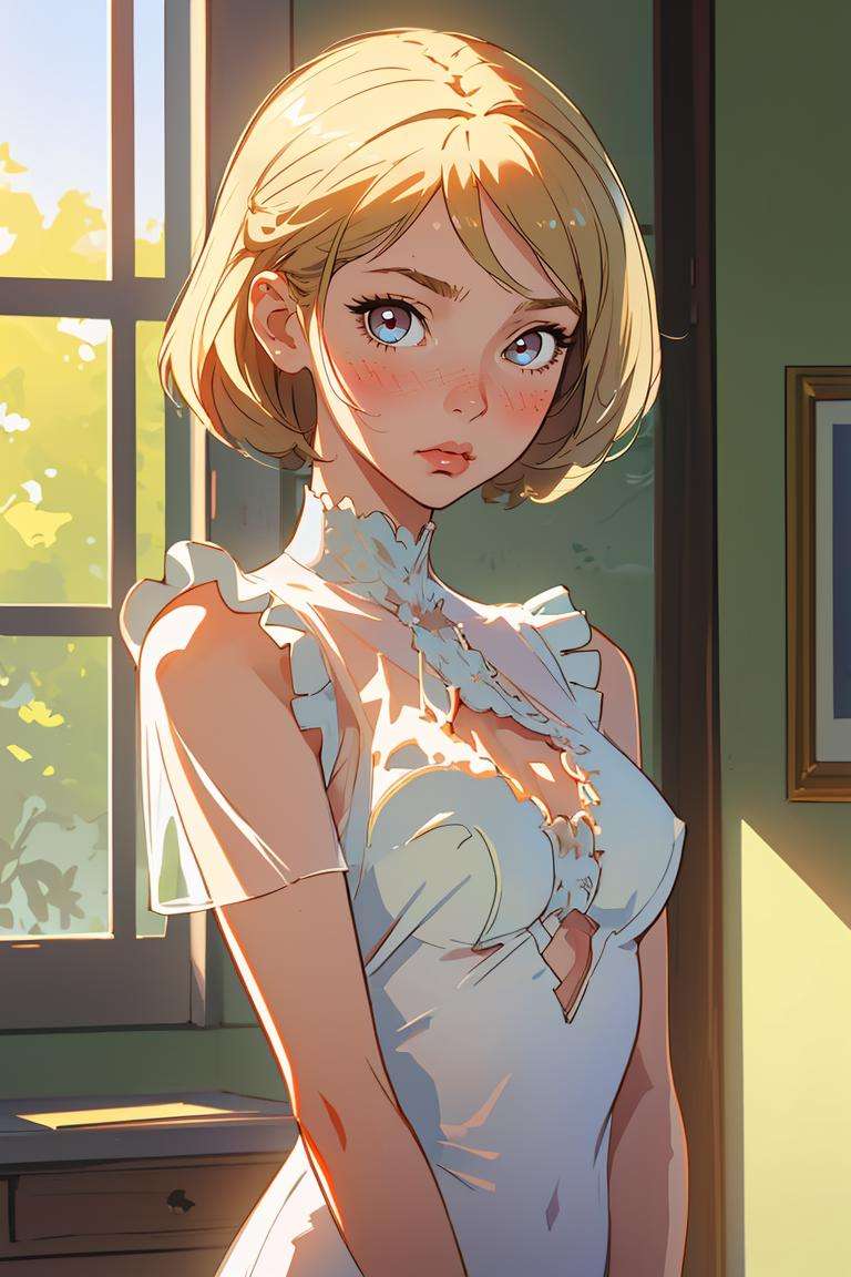 (best quality, masterpiece), 1girl, intricate details, frills, see-through, looking at viewer, sunlight from windows, blush, blonde, standing, upper body,