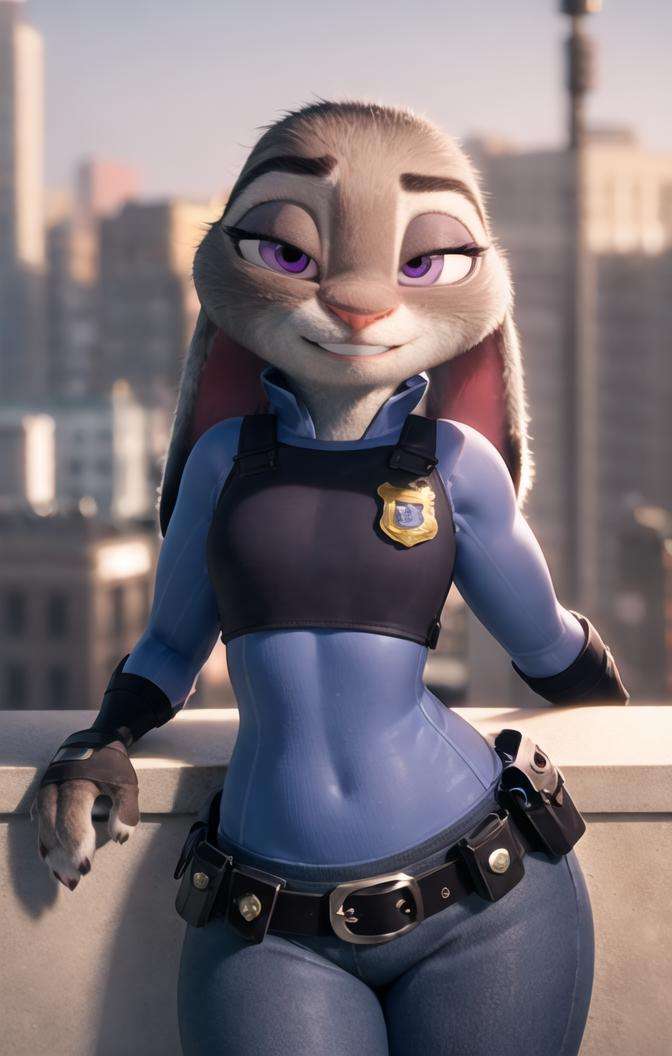 ears-down, (best quality, masterpiece:1), furry female anthro judyhopps, portrait, police uniform, full uniform, rabbit tail, police belt, police badge, blue pants, smile, purple eyes, body fur, half-closed eyes, (detailed urban city background:1.1), 3d pixar style, <lora:judyhopps-v1:1>