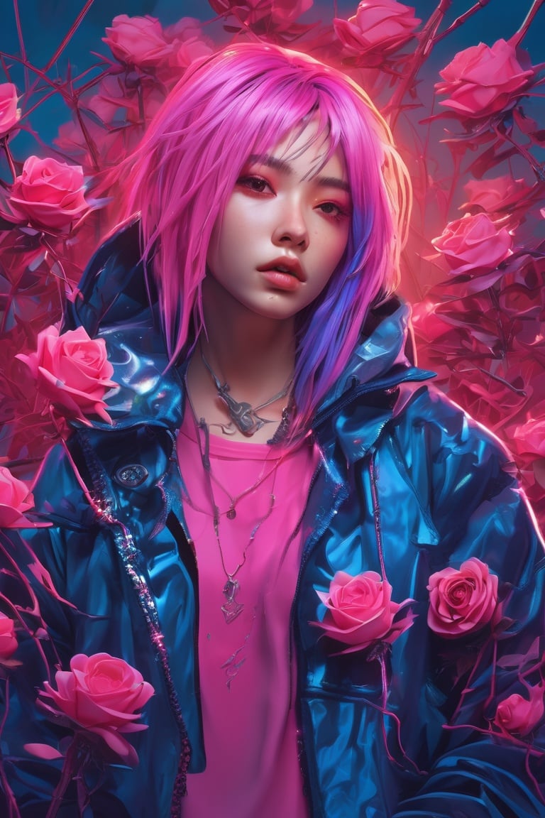 Cyberpunk style, master masterpiece, best quality, 1 girl, 22 year old girl, pink love, pink eyes, jacket, blue and pink gradient hair, withered rose stem surrounded and entangled with thorns, low saturation, low saturation, dramatic angle, pink light, high detail, 8K, lifelike, mobile phone lifelike, simple background,