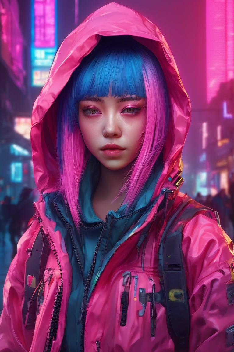 Cyberpunk style, master masterpiece, best quality, 1 girl, 22 year old girl, pink love, pink eyes, science and technology jacket, blue and pink gradient hair, withered rose stems full of thorns surrounded and entangled, low saturation, low saturation, flat square, beautiful face, pink light, high detail, 8K, lifelike, mobile phone lifelike, simple background,