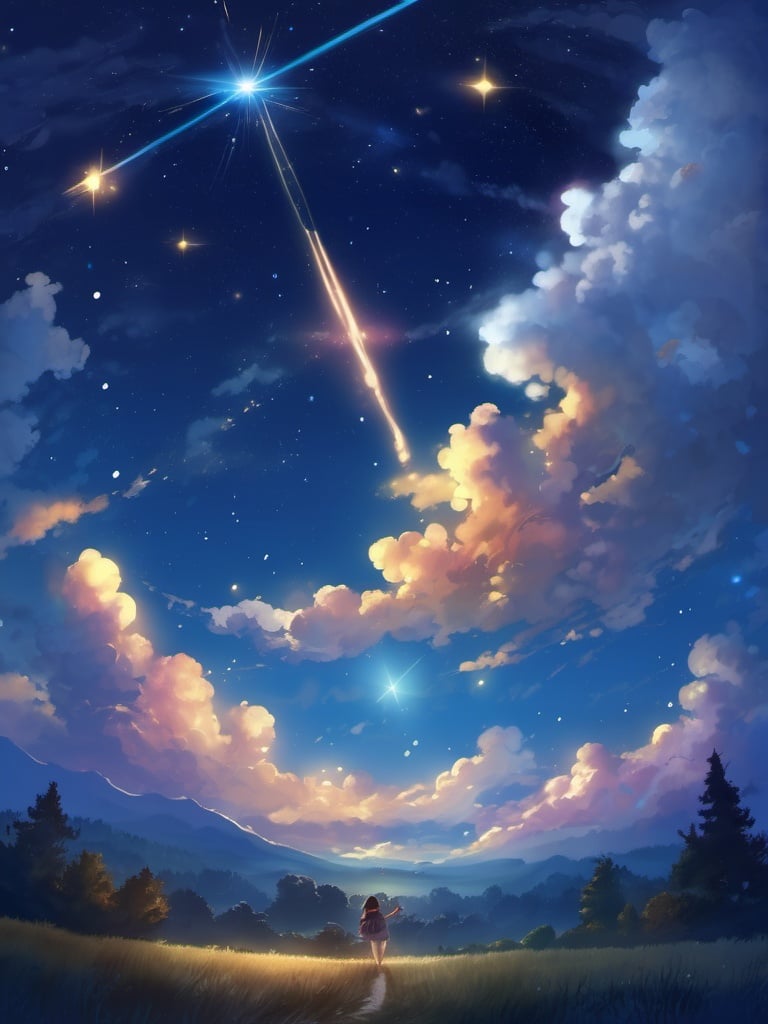 best quality, masterpiece,  illustration, star,Starry sky, clouds, night,shooting star