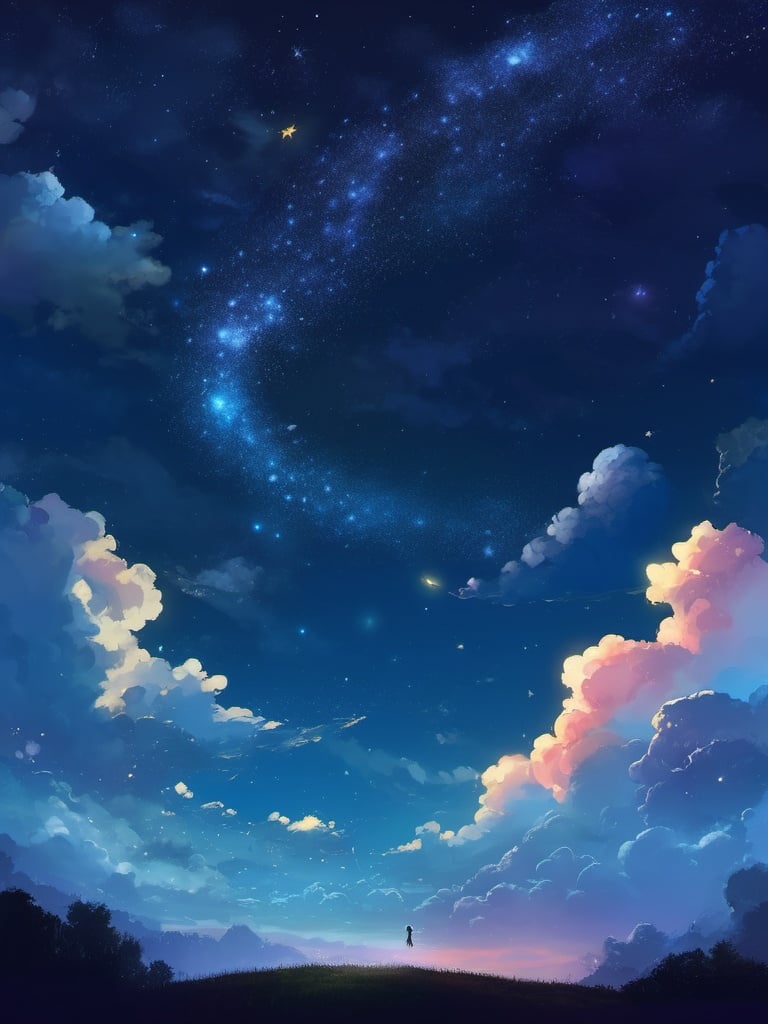 best quality, masterpiece,  illustration, star,Starry sky, clouds, night,shooting star