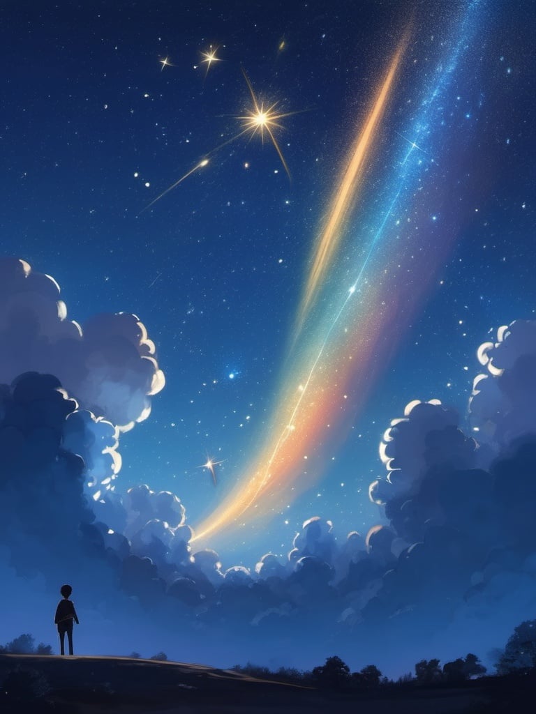 best quality, masterpiece,  illustration, star,Starry sky, clouds, night,shooting star