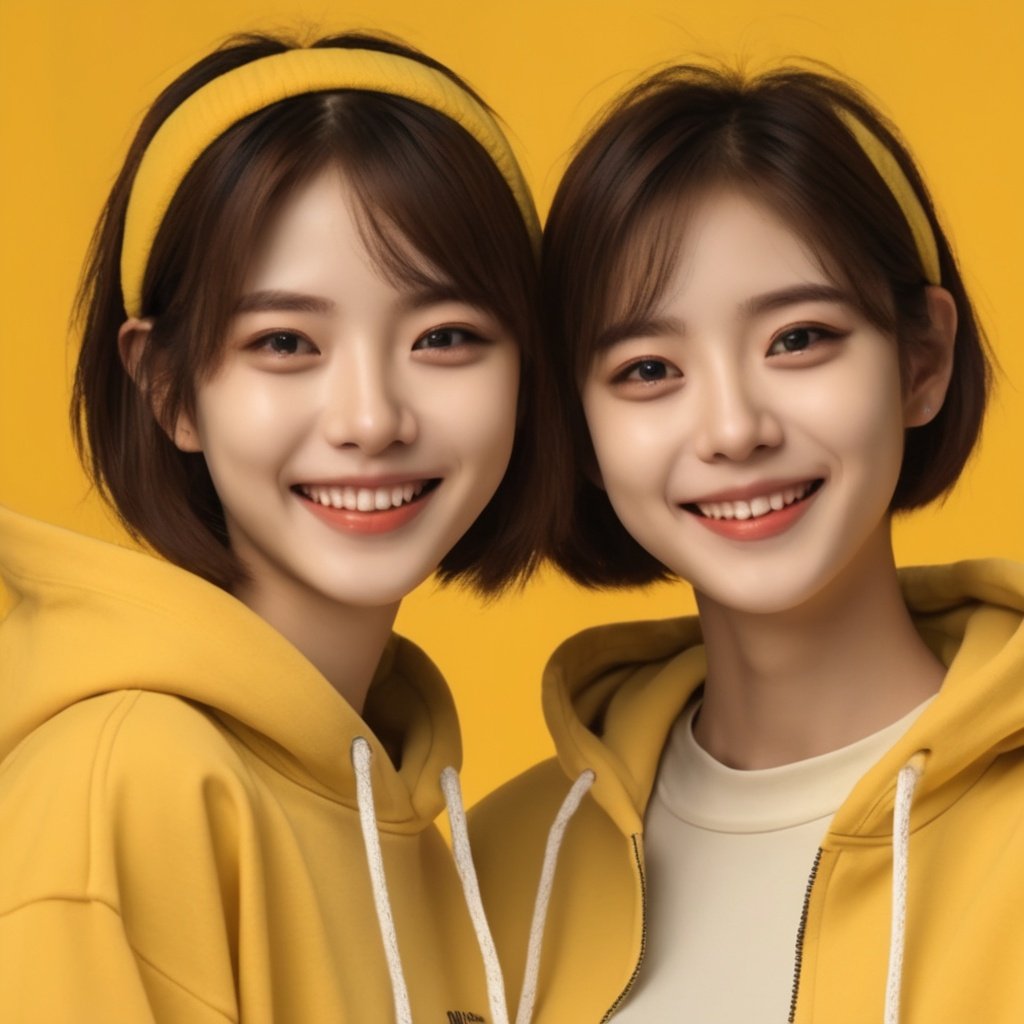 2girls,portrait,(yellow background:1.2),digital stereo background,short hair,smile,(lateral face:1.1),hoodies,yellow,masterpiece,chiaroscuro,look at the audience,smile,<lora:细节调整add_detail:1>,<lora:hangirl:0.8>,han,