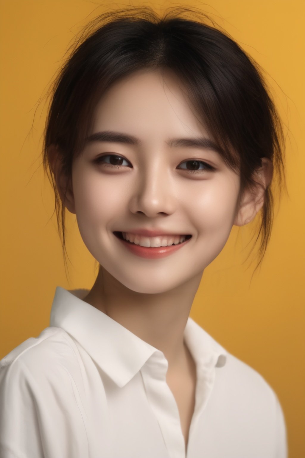 1girl,portrait,(yellow background:1.2),digital stereo background,short hair,smile,(lateral face:1.3),(white shirt:1.2),yellow,masterpiece,chiaroscuro,look at the audience,smile,<lora:hangirl:0.7>,