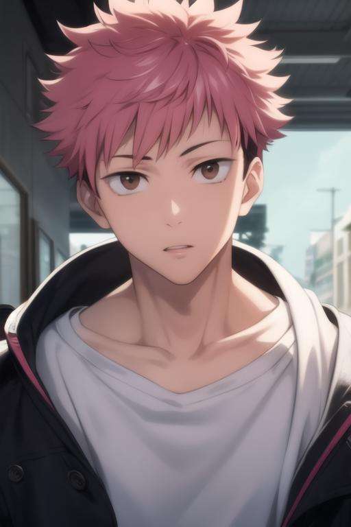 masterpiece, best quality, high quality, 1boy, solo, male focus, looking at viewer, upper body, <lora:itadori_yuuji:0.70>, itadori_yuuji, pink hair, undercut,