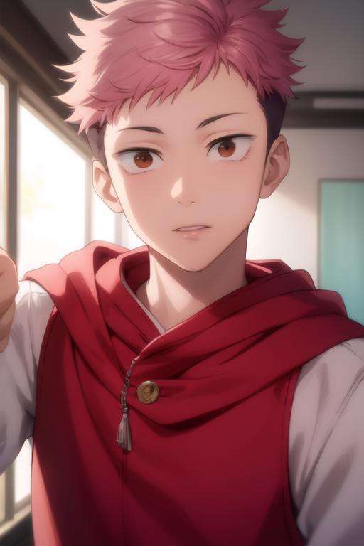 masterpiece, best quality, high quality, 1boy, solo, male focus, looking at viewer, upper body, <lora:itadori_yuuji:0.70>, itadori_yuuji, pink hair, undercut,