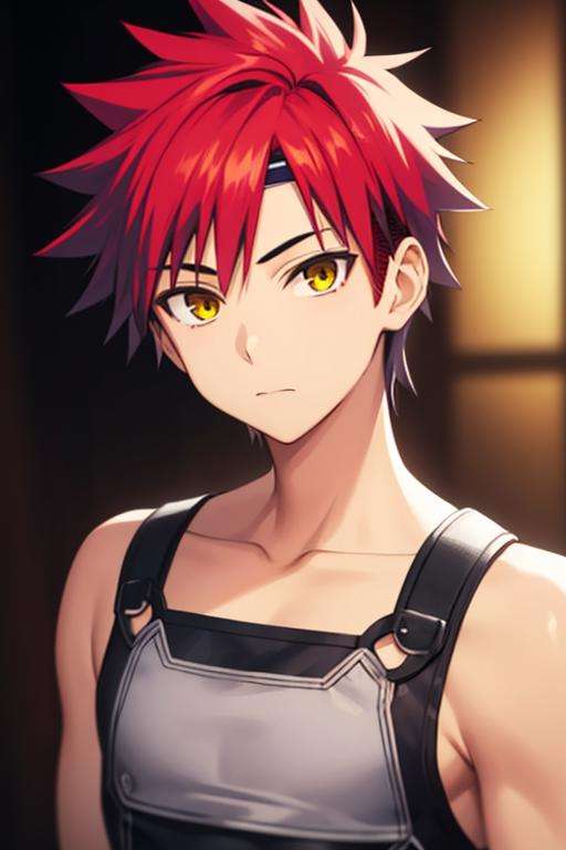 masterpiece, best quality, high quality, 1boy, solo, male focus, looking at viewer, upper body, <lora:yukihira_souma:0.70>, yukihira_souma, red_hair, headband