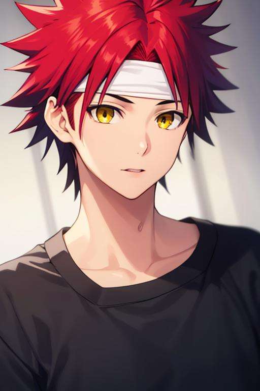 masterpiece, best quality, high quality, 1boy, solo, male focus, looking at viewer, upper body, <lora:yukihira_souma:0.70>, yukihira_souma, red_hair, spiked_hair, black shirt, white headband