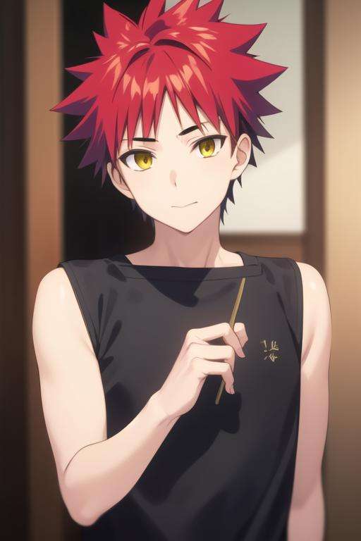 masterpiece, best quality, high quality, 1boy, solo, male focus, looking at viewer, upper body, <lora:yukihira_souma:0.70>, yukihira_souma, red_hair