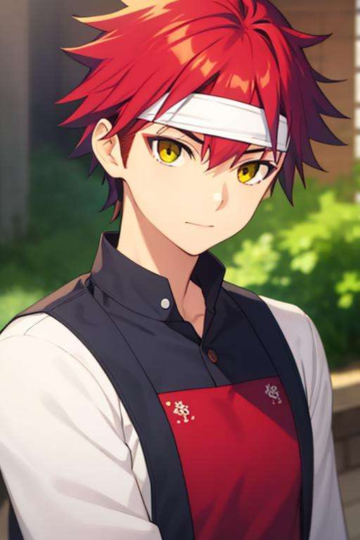 masterpiece, best quality, high quality, 1boy, solo, male focus, looking at viewer, upper body, <lora:yukihira_souma:0.70>, yukihira_souma, red_hair, shirt, headband