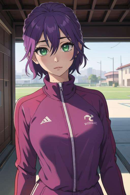 masterpiece, best quality, high quality, 1girl, solo, looking at viewer, upper body, <lora:hiro_segawa:0.54>, hiro_segawa, purple hair, green eyes, hair between eyes, , , track suit