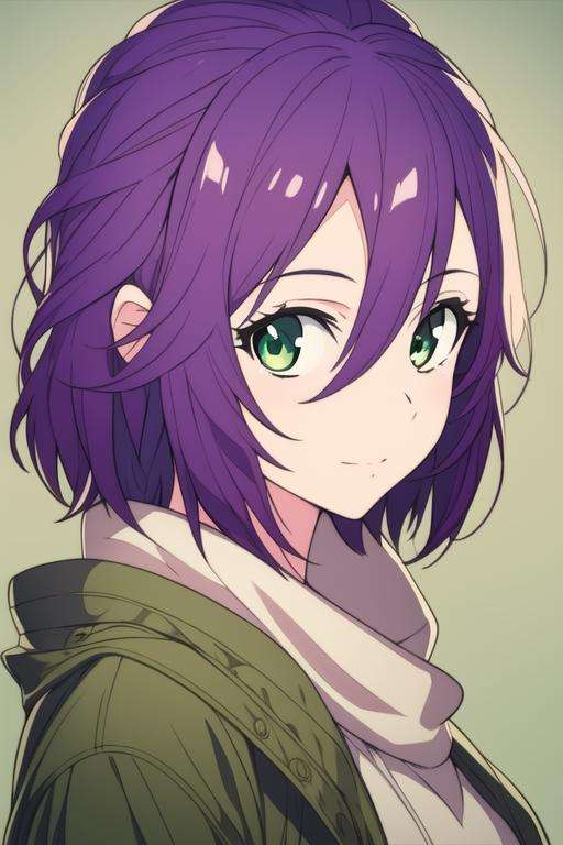 masterpiece, best quality, high quality, 1girl, solo, looking at viewer, upper body, <lora:hiro_segawa:0.54>, hiro_segawa, purple hair, green eyes, hair between eyes, , realistic, jacket