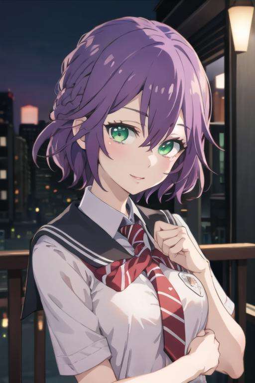 masterpiece, best quality, high quality, 1girl, solo, looking at viewer, upper body, <lora:hiro_segawa:0.62>, hiro_segawa, purple hair, green eyes, hair between eyes, , , school uniform