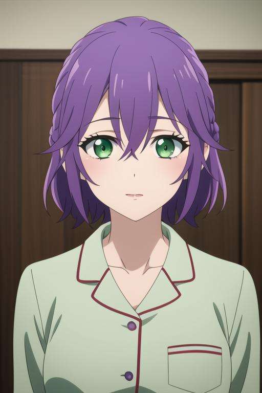 masterpiece, best quality, high quality, 1girl, solo, looking at viewer, upper body, <lora:hiro_segawa:0.56>, hiro_segawa, purple hair, green eyes, hair between eyes, , , pajamas