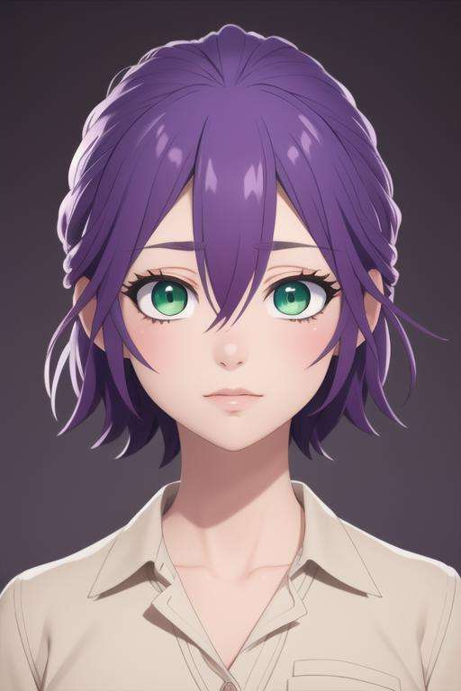 masterpiece, best quality, high quality, 1girl, solo, looking at viewer, upper body, <lora:hiro_segawa:0.70>, hiro_segawa, purple hair, green eyes, hair between eyes, ,