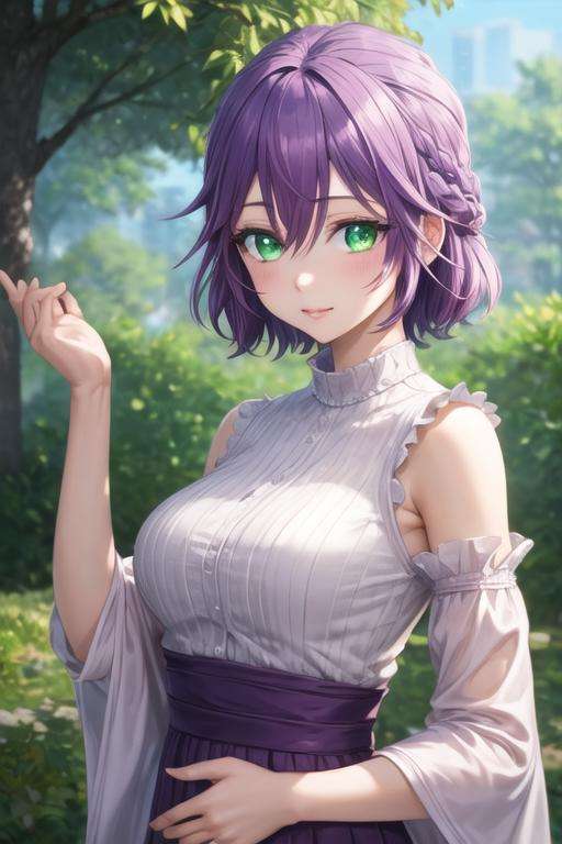 masterpiece, best quality, high quality, 1girl, solo, looking at viewer, upper body, <lora:hiro_segawa:0.68>, hiro_segawa, purple hair, green eyes, hair between eyes, ,