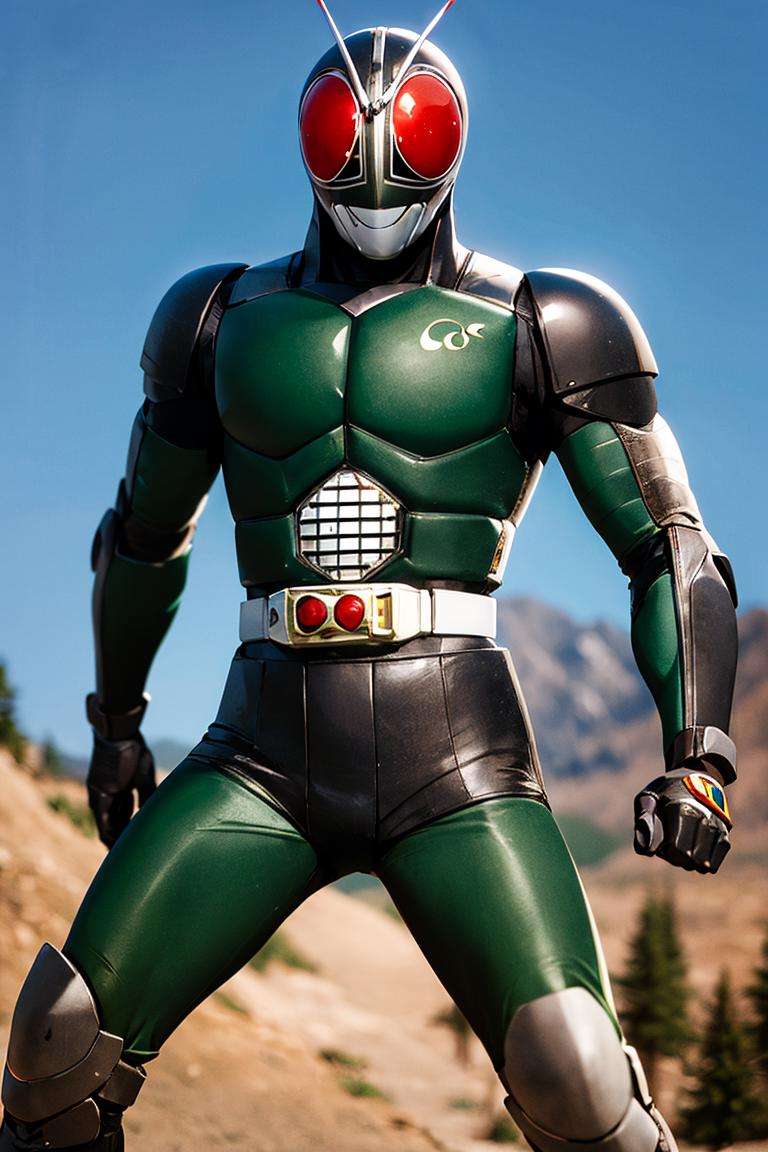 ((masterpiece,best quality)), absurdres, <lora:Kamen_Rider_Black_RX:0.7>, Kamen_Rider_Black_RX, solo, smiling, looking at viewer, cowboy shot, cinematic composition, dynamic pose