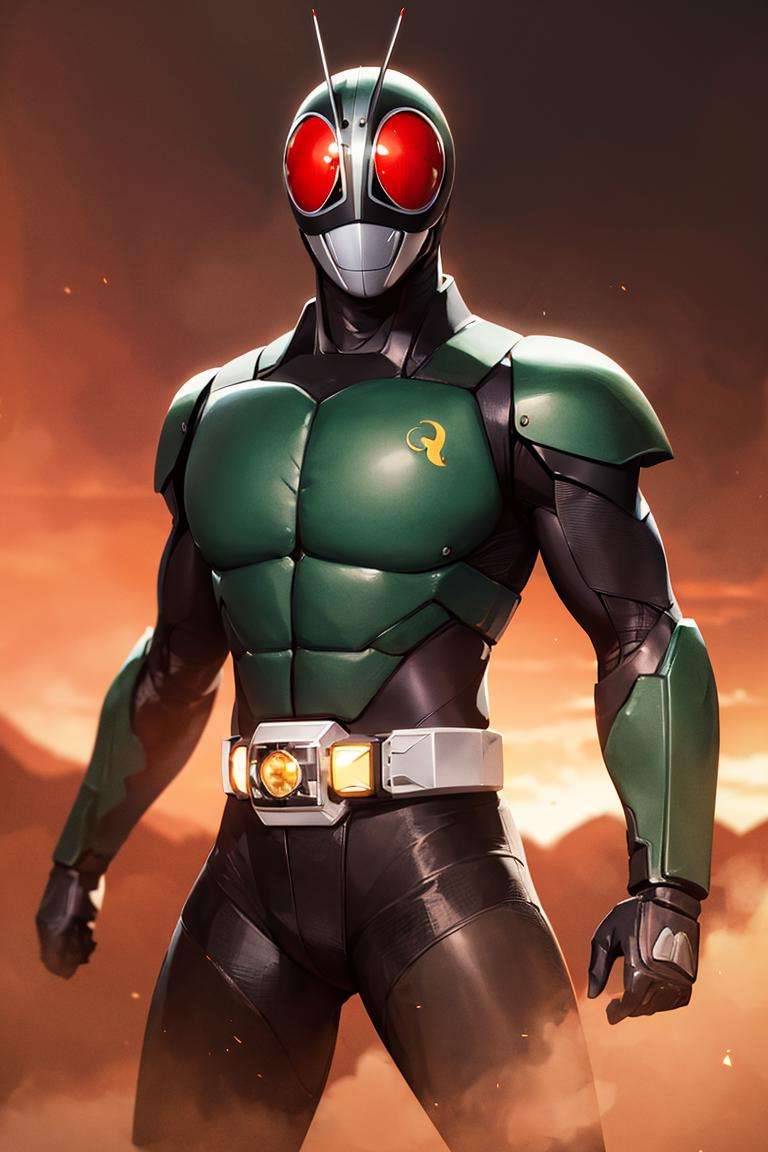 ((masterpiece,best quality)), absurdres, <lora:Kamen_Rider_Black_RX:0.6>, Kamen_Rider_Black_RX, solo, smiling, looking at viewer, cowboy shot, cinematic composition, dynamic pose