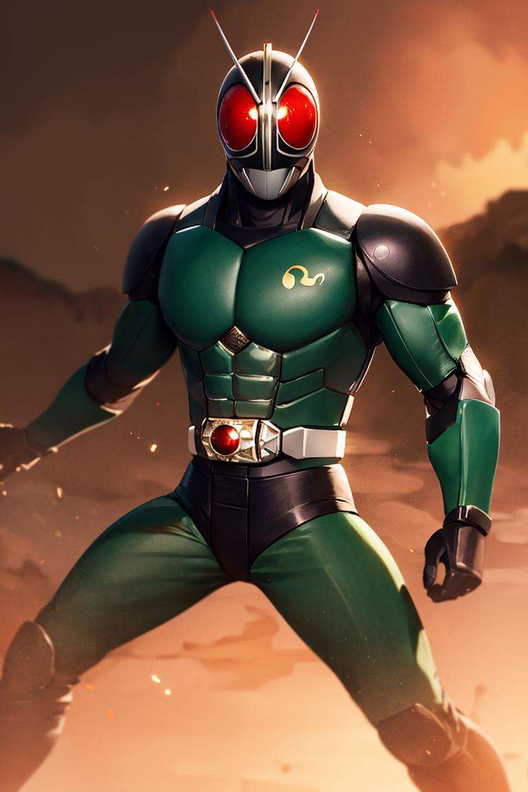 ((masterpiece,best quality)), absurdres, <lora:Kamen_Rider_Black_RX:0.8>, Kamen_Rider_Black_RX, solo, smiling, looking at viewer, cowboy shot, cinematic composition, dynamic pose